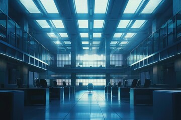 Futuristic Courtroom with Transparent Roof Panels - Ideal for Legal, Government, Sci-Fi Design
