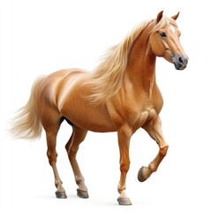 Obraz premium A Light Palomino Horse with a Long Flowing Mane and Tail Standing Against a White Background