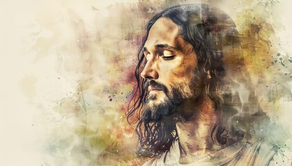 Serene Portrait of Jesus Christ in Soft Watercolor with Gentle Expression