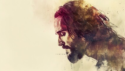 Serene Portrait of Jesus Christ with Watercolor Brushstrokes and Colors.
