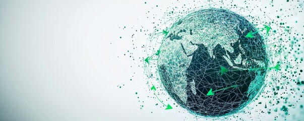 Digital wireframe globe with interconnected network on a dark background
