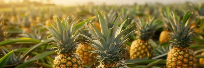 Fototapeta premium Fresh pineapple fruit growing in plantation field in farm
