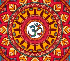 Obraz premium A colorful intricate mandala pattern design background with Hinduism symbol Om at center, Indian religious and cultural wallpaper 