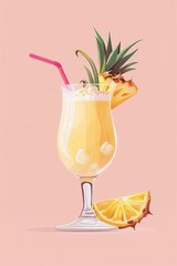 Vector illustration drawing painting of fresh pineapple juice drink with fruit