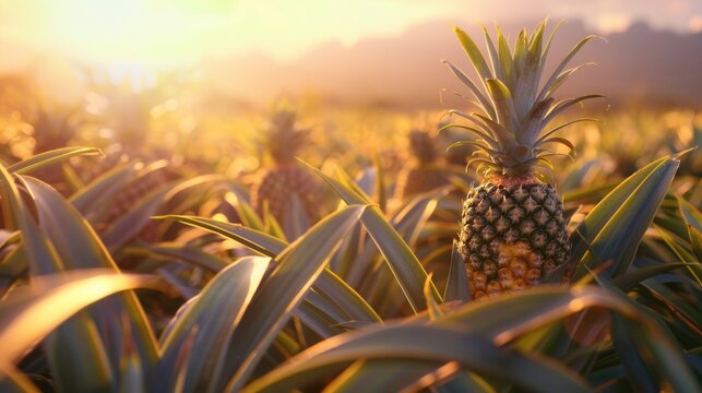 Fresh pineapple fruit growing in plantation field in farm