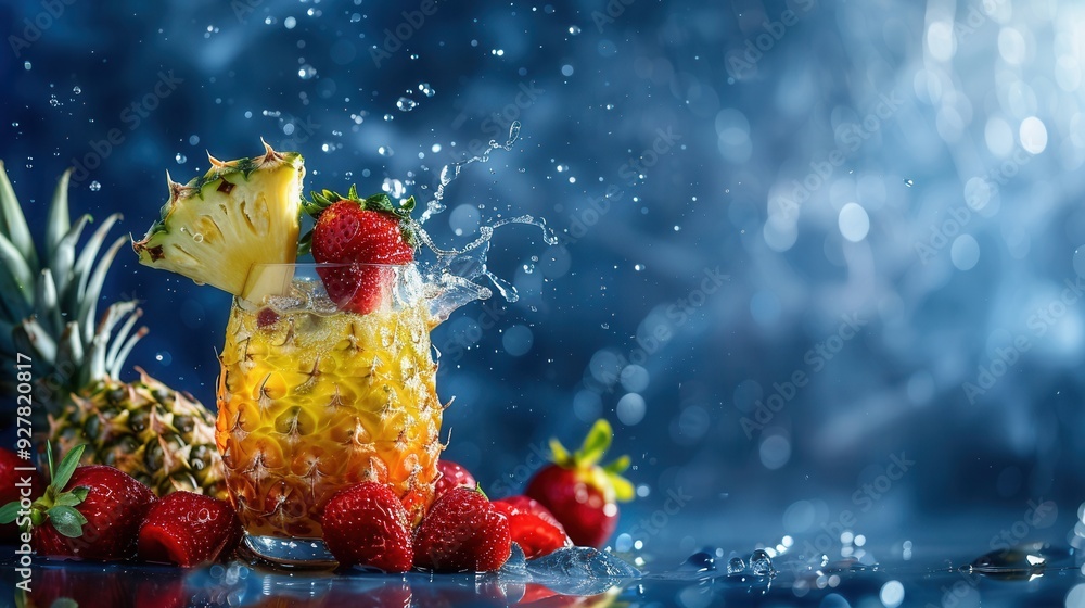 Wall mural a glass of fresh pineapple juice drink closeup view with water splashes