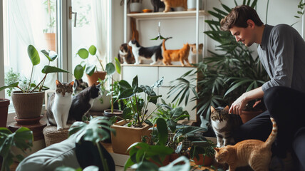 Man doing daily tasks with his beloved cats nearby.
