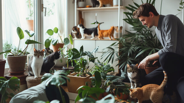 Man doing daily tasks with his beloved cats nearby.

