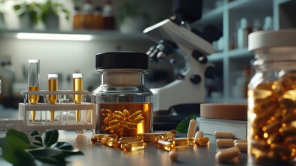 In a modern lab, researchers work with vials and capsules to create new pharmaceutical compounds