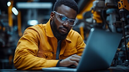 Obraz premium A focused Black man in safety glasses and a yellow jumpsuit types on a laptop in an industrial setting.