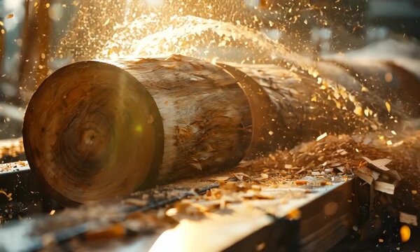Sawmill in action cutting timber with sparks flying at dusk