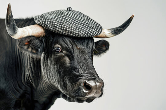 Cabeza de toro de lidia Espa&ntilde;ol, llevando una boina parpusa de San Isidro entre sus dos cuernos, sobre fondo blanco 