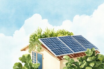 Solar panels on a green house roof symbolize sustainable energy and eco-friendly living under a bright blue sky. watercolor Style