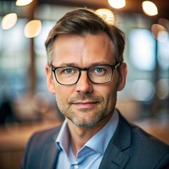 Fototapeta premium Close-up portrait, man with glasses, office setting, soft lighting, intellectual mood