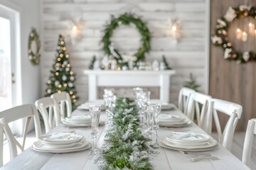 Fototapeta premium Elegant holiday dining setup with greenery and festive decorations in a cozy indoor setting