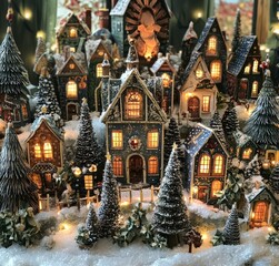 Fototapeta premium Cozy winter village display with snow-covered houses and twinkling lights during the holiday season