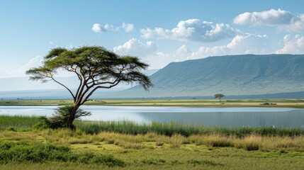 Serene Landscape with a Tree by a Lake in Africa
