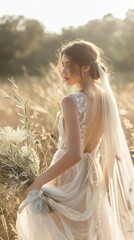 The bride strolls through a vibrant meadow, her elegant gown flowing as she holds a bouquet of wildflowers, bathed in warm, soft sunlight