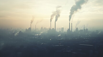 Fototapeta premium A silhouette of an industrial city skyline with smoke stacks emitting smoke into a hazy sky at sunrise.