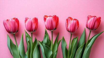 Obraz premium Pink tulips on pink background. Flat lay, top view.