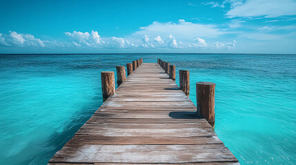 Obraz premium Wooden jetty in the tropical sea with blue sky background.
