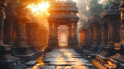 Ancient Temple Pathway at Sunrise