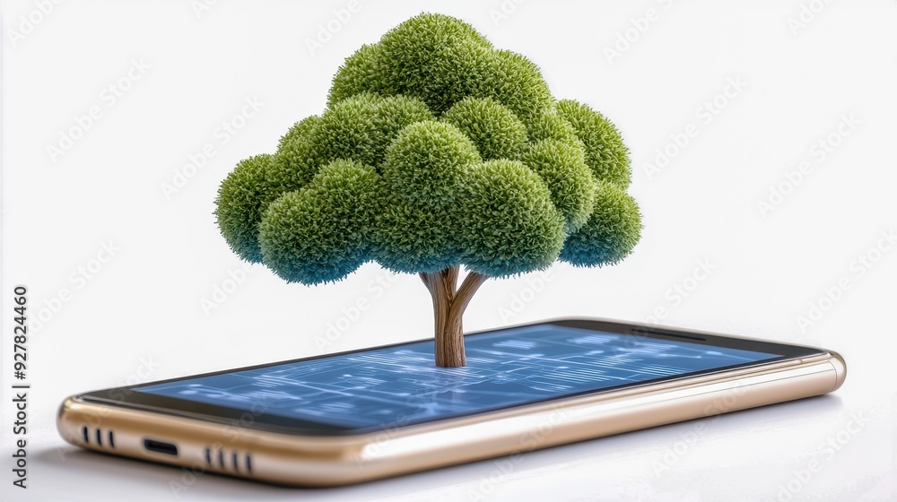 Poster a smartphone featuring a tree emerging from its screen, symbolizing the blend of technology and natu