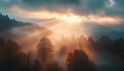 sunrise in the autumn forest, care for nature, ecologically clean air