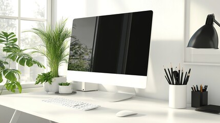 A clean and stylish workstation featuring a large monitor, keyboard, and neatly arranged office supplies in a modern office