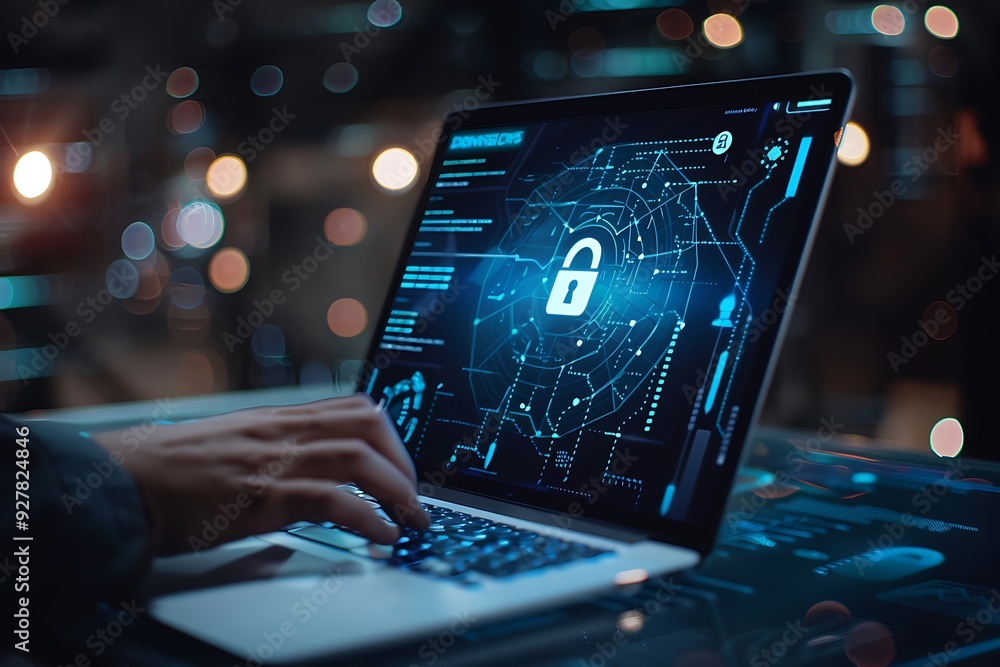 Leinwandbilder businessman using laptop computer with padlock on network security. cyber security concept