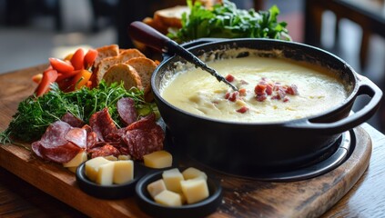 Cheese fondue with bread, salami, and cheese cubes.