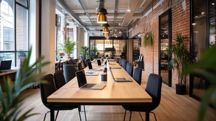 A collaborative workspace with long tables, where teams work side by side on laptops and tablets