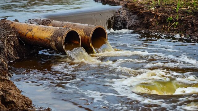 Industrial pipes discharging waste to water. Pollution and environmental damage concept. Climate change. Chemical toxic waste