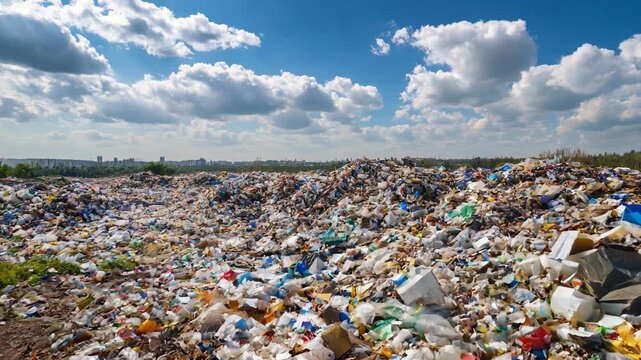 Landfill with scattered trash and plastic waste. Environmental pollution and natural damage concept. Waste management, recycling. Global environmental issue of waste disposal