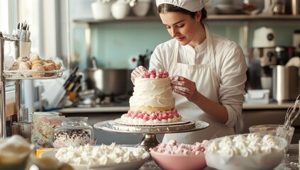 Baker decorating cake with pink frosting.
