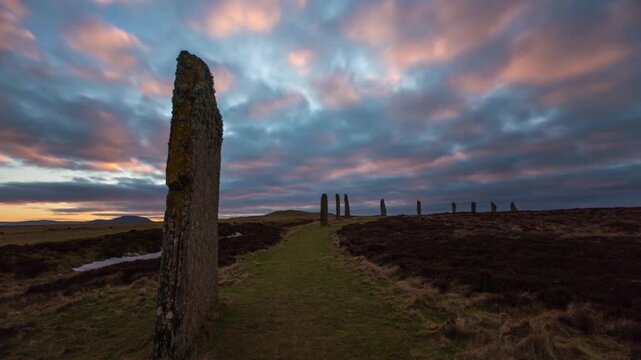 Colourful Blanket of Coud over the Ring of Brodgar at Sunset 4K Time Lapse in Orkney.