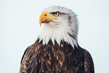 Fototapeta premium Portrait of a bald eagle, representing wildlife protection, strong and majestic pose, detailed plumage, natural lighting, focus on the eagle's face, selective focus