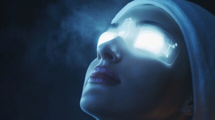 Obraz premium A patient is receiving a relaxing facial treatment with glowing masks in a tranquil environment, surrounded by soft lighting and soothing mist
