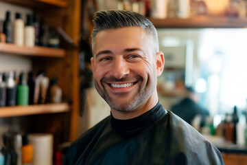 Fototapeta premium Smiling man with neatly styled hair and trimmed beard in a barbershop, wearing a barber cape, with grooming products visible in the background