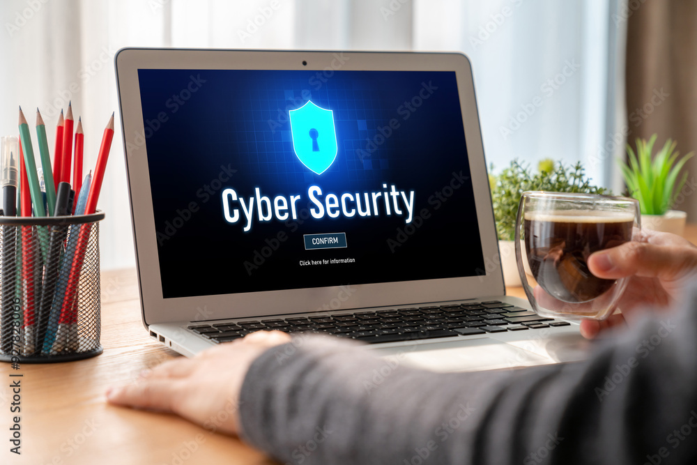 Poster cyber security system on computer screen protect private information snugly from hacker and cyber at