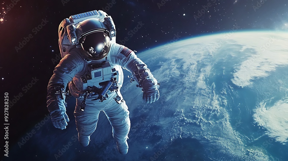 Poster an astronaut floats in space with earth in the background.