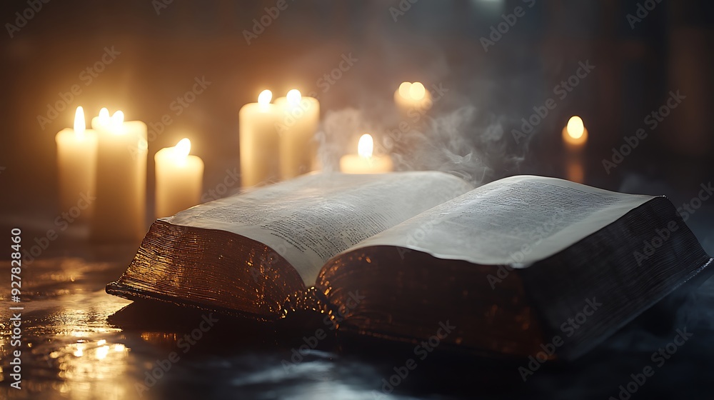 Poster an open book lies on a dark surface with smoke and candles creating a mysterious and magical atmosph