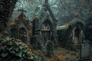An overgrown cemetery with ancient mausoleums shrouded in mist and surrounded by lush vegetation