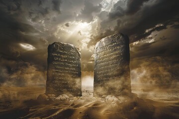 Two Stone Tablets Representing the Ten Commandments in Desert Scene.
