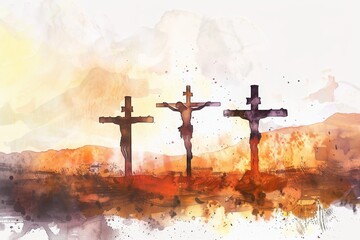 Watercolor Illustration of Jesus on the Cross with Three Crosses Behind.