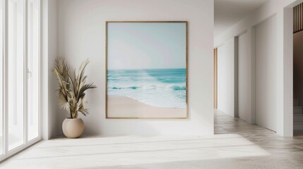 Fototapeta premium A beautiful large wall art displays the tranquil ocean waves meeting the sandy beach, enhancing the calm atmosphere of the interior room
