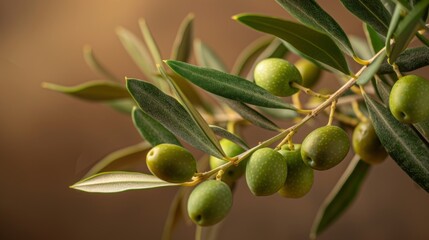 Fototapeta premium The vibrant olive branch showcases numerous green olives against a softly blurred background
