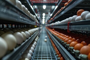 Obraz premium Automated egg collection system in a modern poultry farm during daylight
