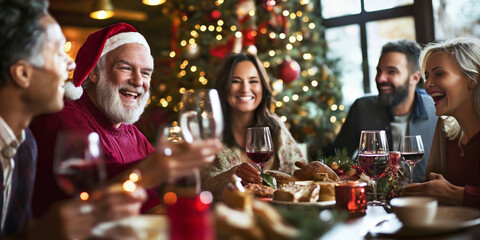 Friends from diverse backgrounds enjoying a Christmas meal together in a festive setting