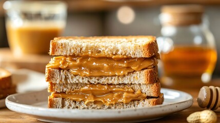 A classic peanut butter and honey sandwich, with a thick layer of peanut butter and a drizzle of golden honey, served on a white plate with a cozy kitchen backdrop